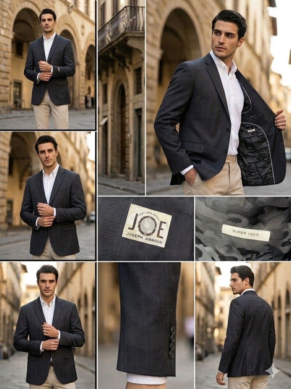 JOE Joseph Abboud Blazer Jacket 48R Slim Fit Charcoal Gray Super 120s Wool Plaid